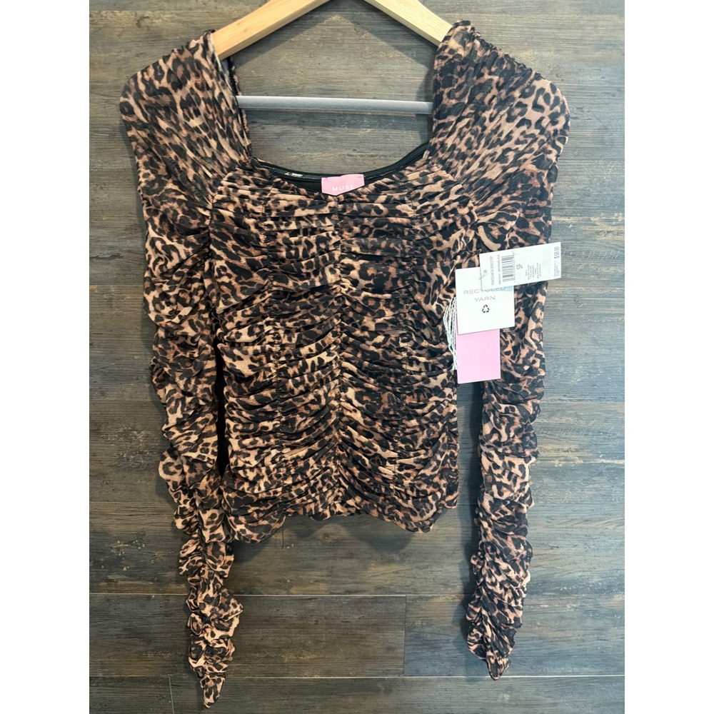 MUSE Women Leopard Print Ruched Mesh Top Square Neck Long Sleeve NWT SP